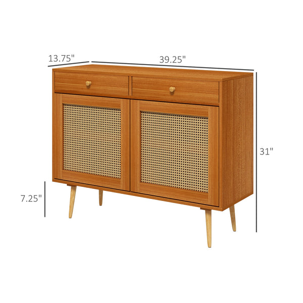English Elm Storage Boho Cabinet with Rattan Doors, 2 Drawers & Adjustable Shelf, Pine Legs Accent Sideboard W2225141478