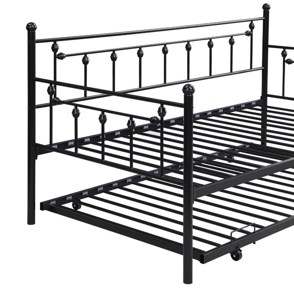 English Elm Daybed with Pull Out Trundle Matte Black Steel Frame for Kids or Guest Rooms W311128174