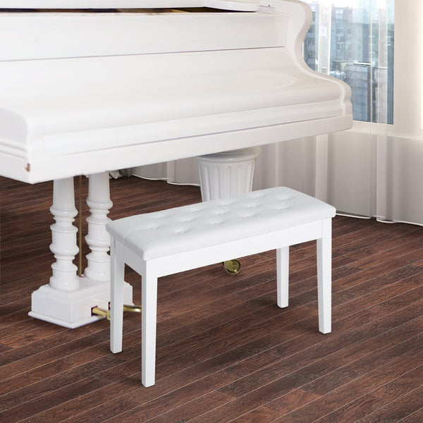 English Elm Piano Duet Bench with Tufted Faux Leather Seat and Glossy Rubberwood Frame — Lightweight, Durable Performance Seat White W2225141447