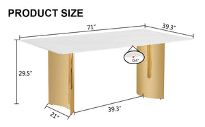 English Elm Modern Minimalist Dining Table With White Imitation Marble Top & Gold Metal Legs - 71" X 39" W1151S04320
