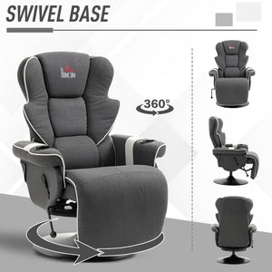 English Elm Manual Linen Recliner Swivel Chair with Footrest, 150° Recline, 360° Rotation, Dual Cup Holders, Black W2225141479