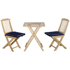 English Elm 3 Piece Patio Folding Bistro Set with Tie-On Cushions, Natural Pine Wood, Space-Saving Foldable Outdoor Seating for Balcony Garden Poolside W2225141373