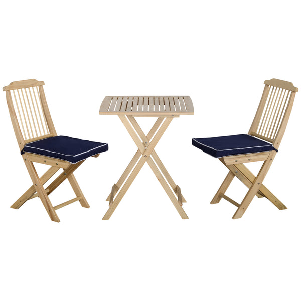 English Elm 3 Piece Patio Folding Bistro Set with Tie-On Cushions, Natural Pine Wood, Space-Saving Foldable Outdoor Seating for Balcony Garden Poolside W2225141373