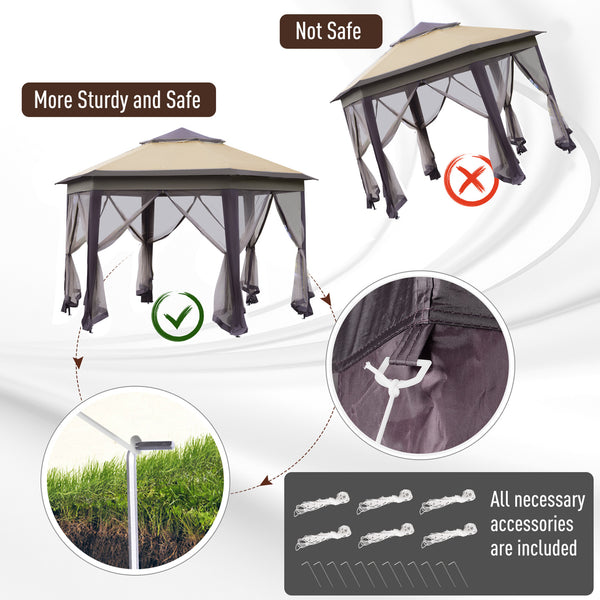 English Elm 13' Hexagonal Pop Up Gazebo Tent with 6 Zippered Mesh Walls, Steel Frame, UV & Water-Resistant Canopy W2225141508