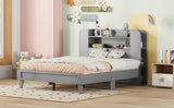 English Elm Full Size Platform Bed With Storage Headboard,Multiple Storage Shelves On Both Sides,Grey