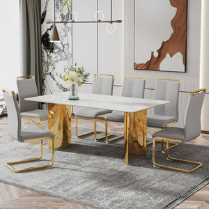 English Elm Modern Minimalist Dining Table With White Imitation Marble Top & Gold Metal Legs - 71" X 39" W1151S04320