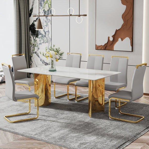 English Elm Modern Minimalist Dining Table With White Imitation Marble Top & Gold Metal Legs - 71" X 39" W1151S04320
