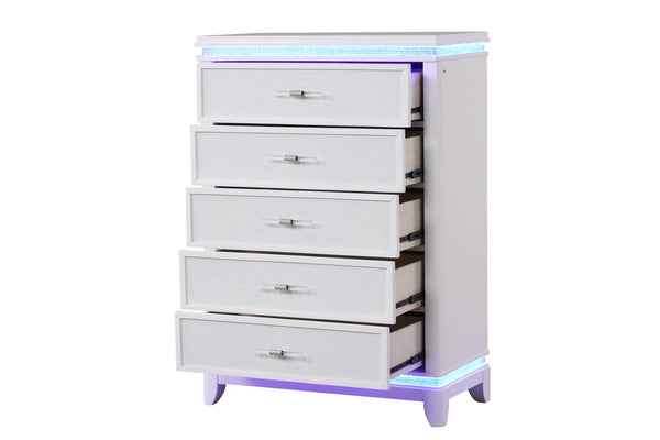 English Elm Opium 5-Drawer Chest with Crystal Accents, Integrated LED Lighting, Reflective White Finish for Chic Storage Elegance G150108865