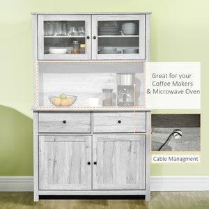 English Elm 63.5" Kitchen Buffet Hutch with Pantry Storage, Adjustable Shelves, Drawers, Glass Doors, Ash Grey, Cable Management W2225141470