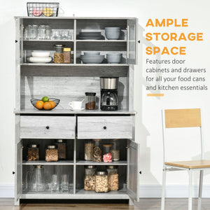 English Elm 63.5" Kitchen Buffet Hutch with Pantry Storage, Adjustable Shelves, Drawers, Glass Doors, Ash Grey, Cable Management W2225141470