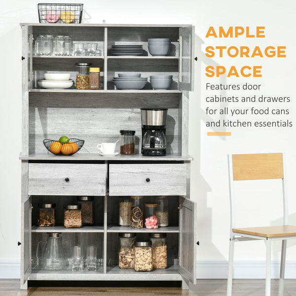 English Elm 63.5" Kitchen Buffet Hutch with Pantry Storage, Adjustable Shelves, Drawers, Glass Doors, Ash Grey, Cable Management W2225141470