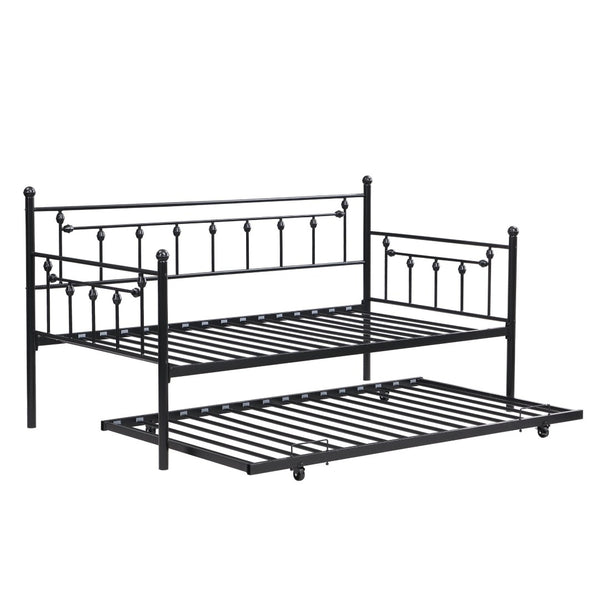 English Elm Daybed with Pull Out Trundle Matte Black Steel Frame for Kids or Guest Rooms W311128174