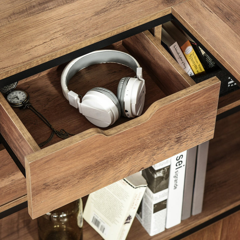 English Elm L-Shaped Industrial Home Office Desk with Storage Shelves, 2 Drawers, Steel Frame, Brown Wood Grain W2225141475