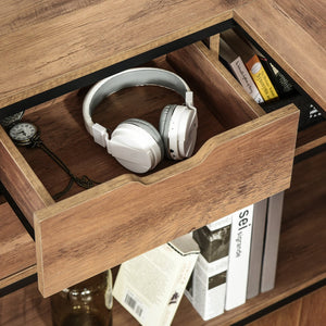 English Elm L-Shaped Industrial Home Office Desk with Storage Shelves, 2 Drawers, Steel Frame, Brown Wood Grain W2225141475