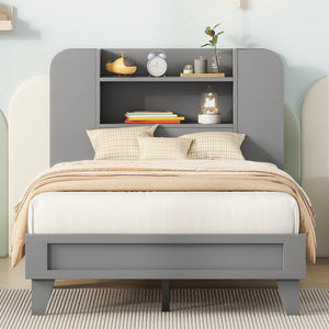 English Elm Twin Size Platform Bed With Storage Headboard,Multiple Storage Shelves On Both Sides,Grey