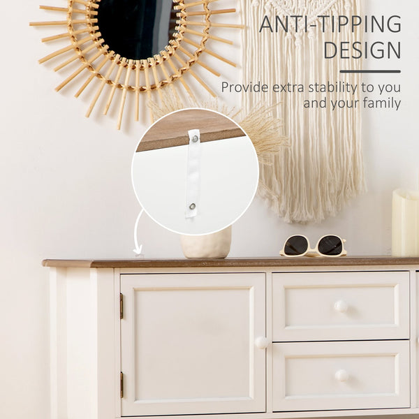 English Elm Console Vintage Entryway Console Table with 2 Drawers, Cabinets & Bottom Shelf, Distressed White Accent W2225141243