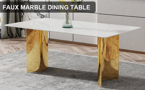English Elm Modern Minimalist Dining Table With White Imitation Marble Top & Gold Metal Legs - 71" X 39" W1151S04320