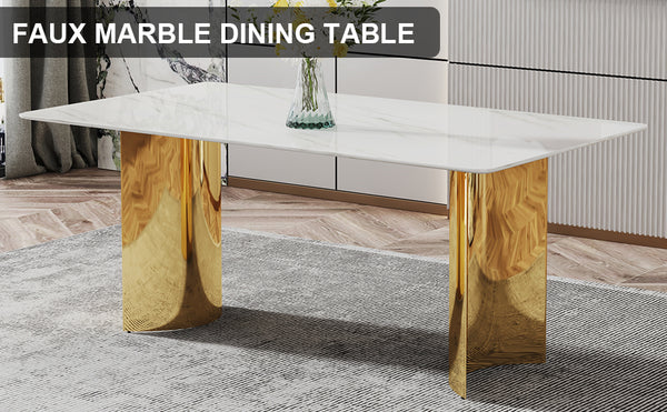 English Elm Modern Minimalist Dining Table With White Imitation Marble Top & Gold Metal Legs - 71" X 39" W1151S04320