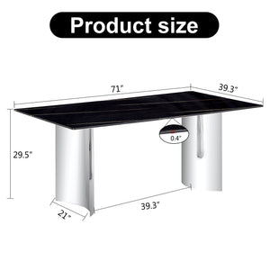 English Elm Modern Minimalist Dining Table - Sleek Black Faux-Marble Glass Top With Polished Silver Metal Legs, 71" W1151S00581