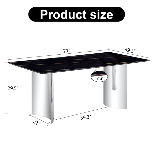 English Elm Modern Minimalist Dining Table - Sleek Black Faux-Marble Glass Top With Polished Silver Metal Legs, 71" W1151S00581