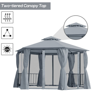 English Elm 13' x 13' Patio Gazebo Hexagon Double-Tier Outdoor Canopy with Mesh Netting & Privacy Curtains, Sturdy Steel Frame for Garden, Lawn, Backyard, Deck, Weather-Resistant Protection Gray W2225S00008