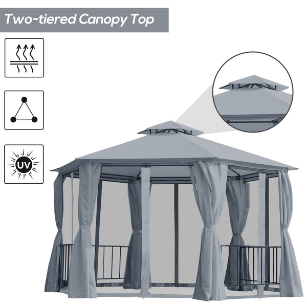 English Elm 13' x 13' Patio Gazebo Hexagon Double-Tier Outdoor Canopy with Mesh Netting & Privacy Curtains, Sturdy Steel Frame for Garden, Lawn, Backyard, Deck, Weather-Resistant Protection Gray W2225S00008