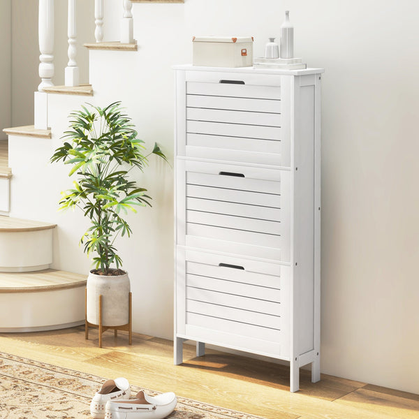 English Elm Narrow Shoe Cabinet with 3 Flip Drawers, Slim Louvered Entryway Organizer for 6 Pairs, White (96) W2225141229