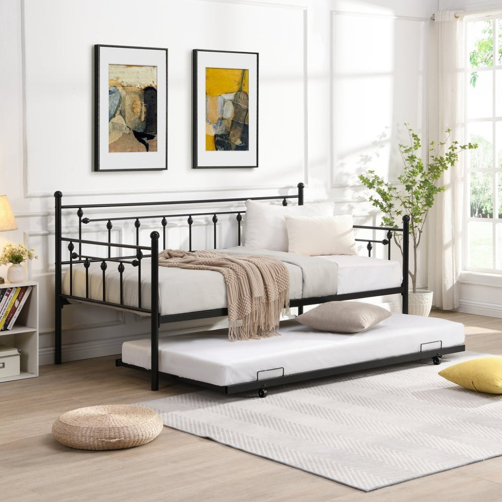 English Elm Daybed with Pull Out Trundle Matte Black Steel Frame for Kids or Guest Rooms W311128174