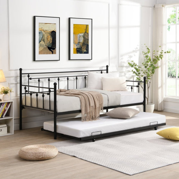 English Elm Daybed with Pull Out Trundle Matte Black Steel Frame for Kids or Guest Rooms W311128174