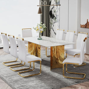 English Elm Modern Minimalist Dining Table With White Imitation Marble Top & Gold Metal Legs - 71" X 39" W1151S04320