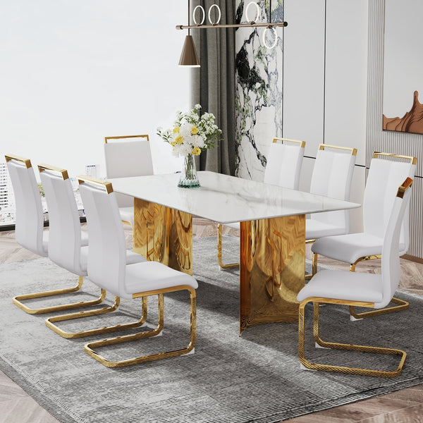 English Elm Modern Minimalist Dining Table With White Imitation Marble Top & Gold Metal Legs - 71" X 39" W1151S04320