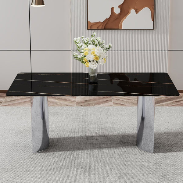 English Elm Modern Faux Marble Glass Top Dining Table with Polished Silver Legs for Elegant Spaces W1151S03375