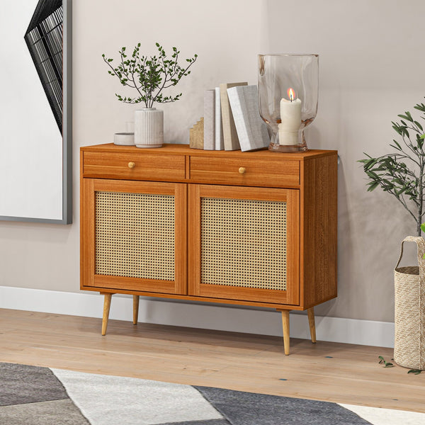 English Elm Storage Boho Cabinet with Rattan Doors, 2 Drawers & Adjustable Shelf, Pine Legs Accent Sideboard W2225141478