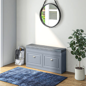 English Elm Modern Shoe Rack Bench with Cushioned Seat, 2 Drawers & Adjustable Shelves, Holds 8 Pairs, Gray W2225141476