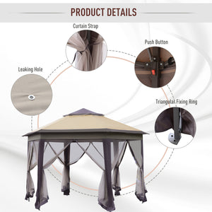 English Elm 13' Hexagonal Pop Up Gazebo Tent with 6 Zippered Mesh Walls, Steel Frame, UV & Water-Resistant Canopy W2225141508