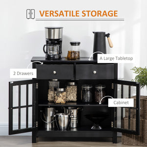 English Elm Sideboard Elegant Black Buffet Cabinet with Glass Doors, Adjustable Shelf, 2 Drawers & Anti-Tip Safety W2225141471