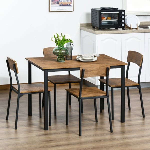 English Elm 5 5 Piece Industrial Dining Table Set for 4, Rustic Brown MDF+Steel, Space-Saving Rectangular Design, Sturdy Chairs W2225141465