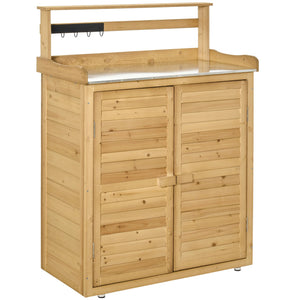 English Elm Garden Wooden Potting Bench Table with 3-Tier Shelves, Hooks, Magnetic Doors & Weatherproof Finish W2225141371