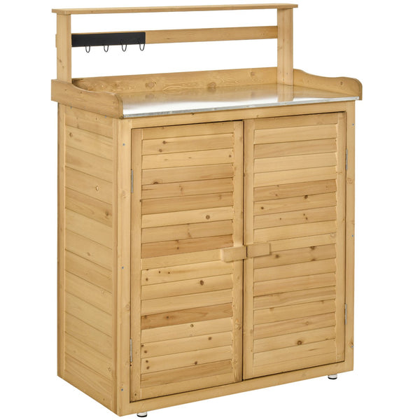English Elm Garden Wooden Potting Bench Table with 3-Tier Shelves, Hooks, Magnetic Doors & Weatherproof Finish W2225141371