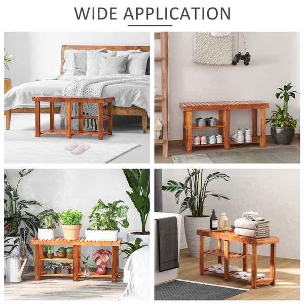 English Elm 3-Tier Rustic Acacia Shoe Rack Bench with 3 Slatted Shelves, Entryway Storage Seat for Hallway W2225141212