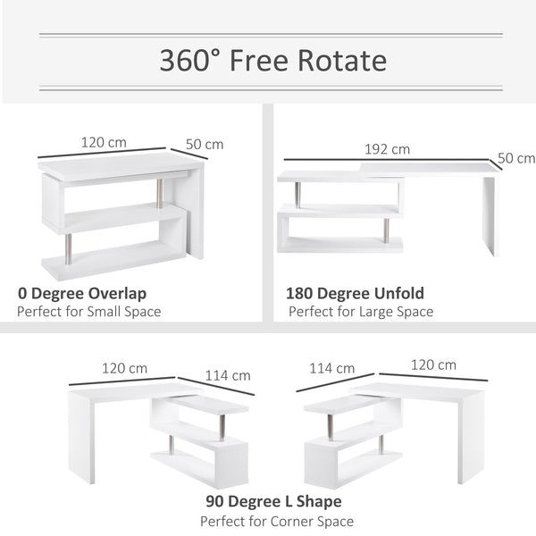 English Elm 360 360 Degree Rotating Corner Computer Desk — L-Shape or Straight Workstation with 3-Tier Storage Shelves White Sturdy Steel Durable Space-Saving Design W2225S00014