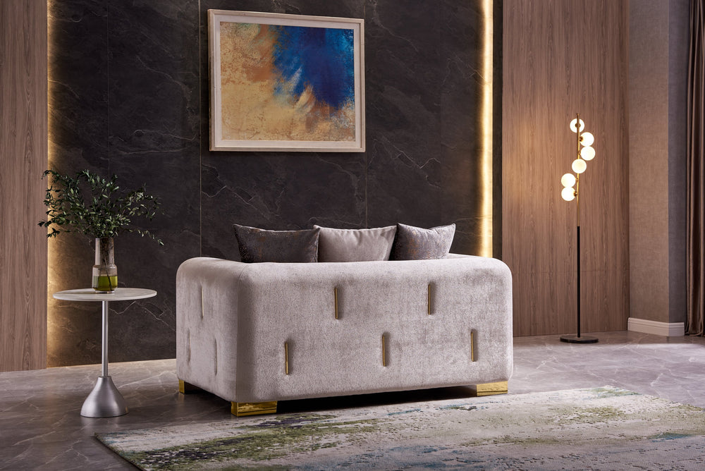 English Elm Modern Impreza Loveseat Beige Velvet with Gold Birch Frame, Ornate Arm & Back Trim, Luxe Seating G150109215