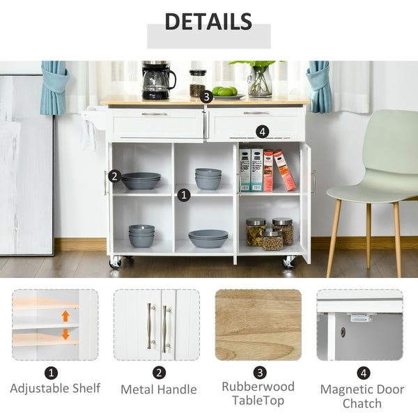 English Elm Mobile Kitchen Island Modern White Cart with Natural Wood Top, 3 Cabinets, 2 Drawers, Wheels, Rack W2225141453