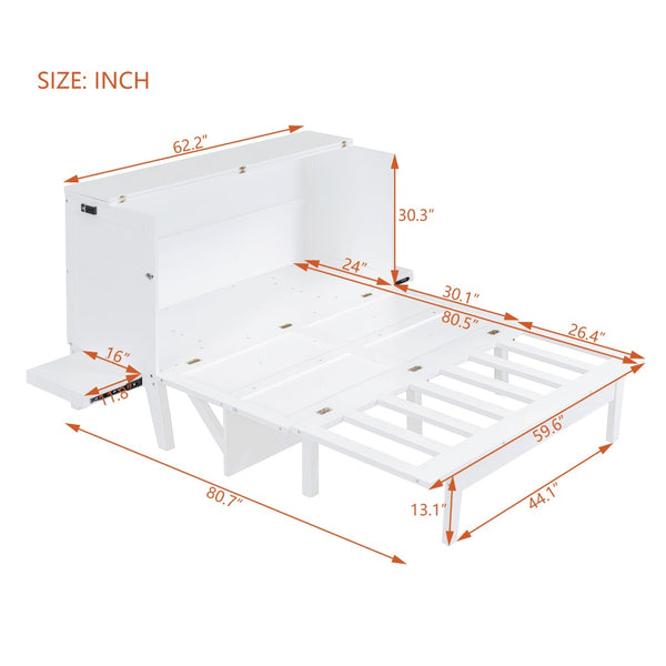 English Elm Queen Murphy Wall Bed with Usb Charging Pine Wood Cabinet for Studio Apartments White LP001661AAK