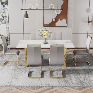 English Elm Modern Minimalist Dining Table With White Imitation Marble Top & Gold Metal Legs - 71" X 39" W1151S04320