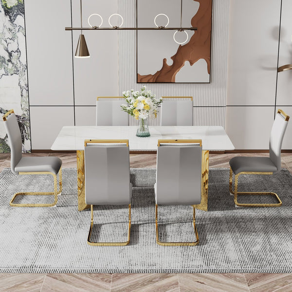 English Elm Modern Minimalist Dining Table With White Imitation Marble Top & Gold Metal Legs - 71" X 39" W1151S04320