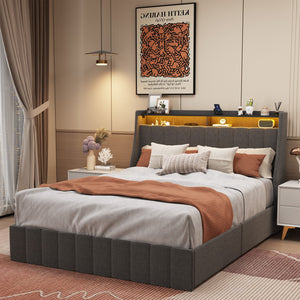 English Elm Full Upholstered Full Bed with RGB LED Headboard, 4 Sliding Storage Drawers, Wings Design DARK GREY W1960S00002