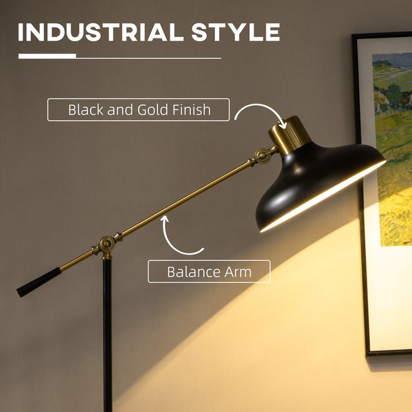 English Elm Adjustable Industrial Floor Lamp Black Gold – Rotatable Arm & Shade, Height Adjustable 48.8–65" W2225141496