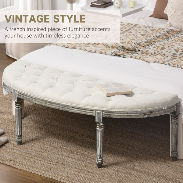 English Elm Semi-Circle Velvet Tufted End-of-Bed Bench, Vintage French Design, Off-White Upholstered Seat W2225141461