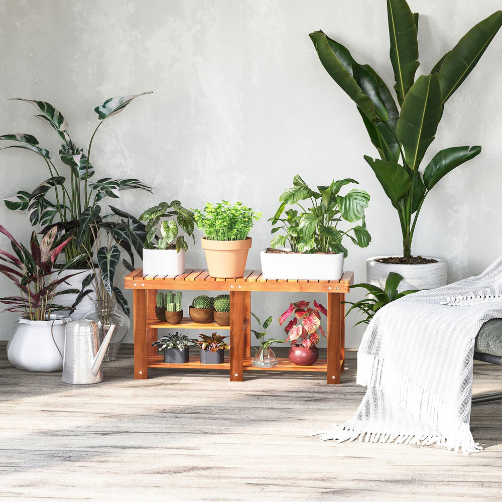 English Elm 3-Tier Rustic Acacia Shoe Rack Bench with 3 Slatted Shelves, Entryway Storage Seat for Hallway W2225141212